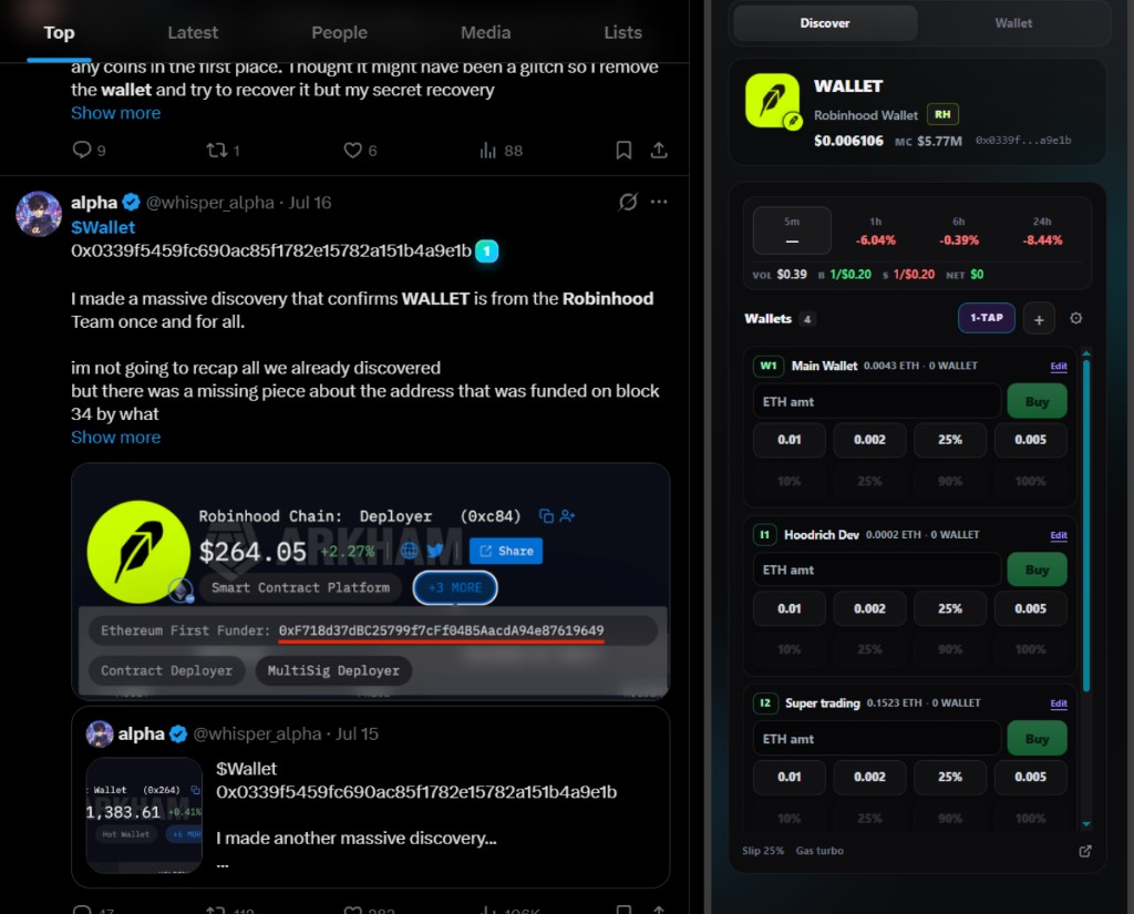 Kite Board side panel detecting and trading a token found on X